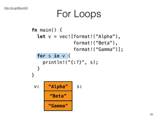 For Loops
48
fn main() {
let v = vec![format!(“Alpha”),
format!(“Beta”),
format!(“Gamma”)];
for s in v {
println!(“{:?}”, s);
}
}
http://is.gd/6kJc0O
“Alpha”
“Beta”
“Gamma”
v: s:
 