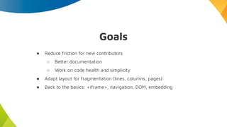 Goals
● Reduce friction for new contributors
○ Better documentation
○ Work on code health and simplicity
● Adapt layout for fragmentation (lines, columns, pages)
● Back to the basics: <iframe>, navigation, DOM, embedding
 