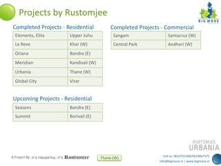 Projects by Rustomjee
Completed Projects - Residential

Completed Projects - Commercial

Elements, Elita

Upper Juhu

Sangam

Santacruz (W)

Le Reve

Khar (W)

Central Park

Andheri (W)

Oriana

Bandra (E)

Meridian

Kandivali (W)

Urbania

Thane (W)

Global City

Virar

Upcoming Projects - Residential
Seasons

Bandra (E)

Summit

Borivali (E)

A Project By:

Thane (W)

Call us: 9619755368/9619667575
info@bigmove.in | www.bigmove.in

 