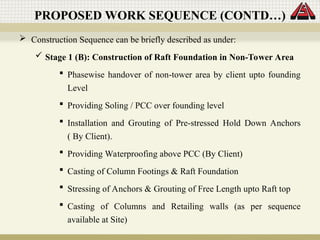  Construction Sequence can be briefly described as under:
 Stage 1 (B): Construction of Raft Foundation in Non-Tower Area
 Phasewise handover of non-tower area by client upto founding
Level
 Providing Soling / PCC over founding level
 Installation and Grouting of Pre-stressed Hold Down Anchors
( By Client).
 Providing Waterproofing above PCC (By Client)
 Casting of Column Footings & Raft Foundation
 Stressing of Anchors & Grouting of Free Length upto Raft top
 Casting of Columns and Retailing walls (as per sequence
available at Site)
PROPOSED WORK SEQUENCE (CONTD…)
 