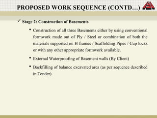  Stage 2: Construction of Basements
 Construction of all three Basements either by using conventional
formwork made out of Ply / Steel or combination of both the
materials supported on H frames / Scaffolding Pipes / Cup locks
or with any other appropriate formwork available.
 External Waterproofing of Basement walls (By Client)
 Backfilling of balance excavated area (as per sequence described
in Tender)
PROPOSED WORK SEQUENCE (CONTD…)
 