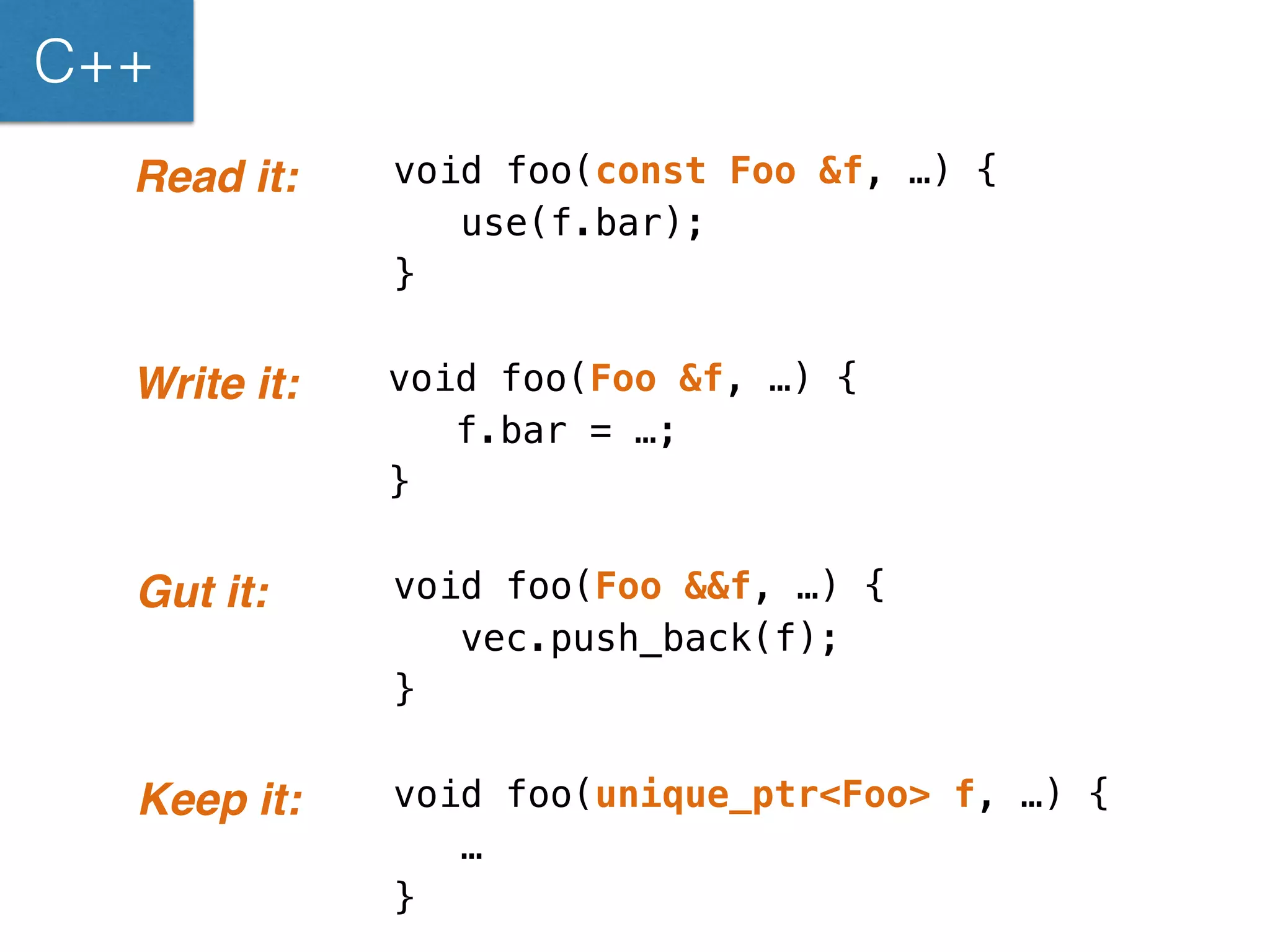 void foo(Foo &&f, …) { 
vec.push_back(f); 
} 
C++ 
Gut it: 
void foo(const Foo &f, …) { 
use(f.bar); 
} 
Read it: 
void foo(Foo &f, …) { 
f.bar = …; 
} 
Write it: 
void foo(unique_ptr<Foo> f, …) { 
… 
} 
Keep it: 
 