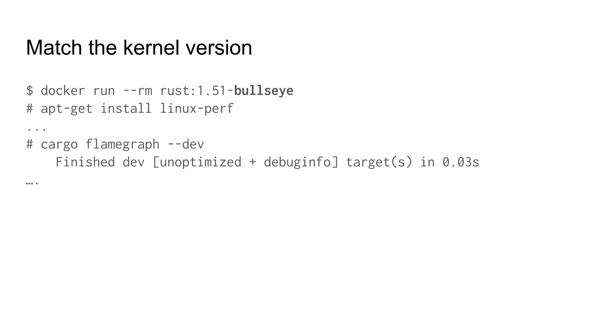 Match the kernel version
$ docker run --rm rust:1.51-bullseye
# apt-get install linux-perf
...
# cargo flamegraph --dev
Finished dev [unoptimized + debuginfo] target(s) in 0.03s
….
 