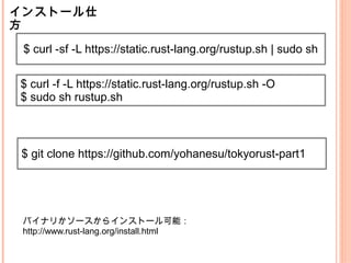 $ curl -sf -L https://static.rust-lang.org/rustup.sh | sudo sh
$ curl -f -L https://static.rust-lang.org/rustup.sh -O
$ sudo sh rustup.sh
インストール仕
方
バイナリかソースからインストール可能：
http://www.rust-lang.org/install.html
$ git clone https://github.com/yohanesu/tokyorust-part1
 