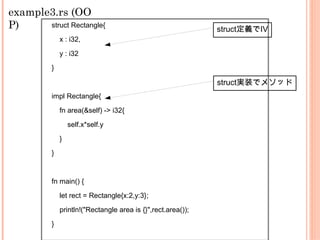 struct Rectangle{
x : i32,
y : i32
}
impl Rectangle{
fn area(&self) -> i32{
self.x*self.y
}
}
fn main() {
let rect = Rectangle{x:2,y:3};
println!("Rectangle area is {}",rect.area());
}
example3.rs (OO
P) struct定義でIV
struct実装でメソッド
 
