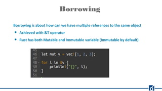 Borrowing
Borrowing is about how can we have multiple references to the same object
● Achieved with &T operator
● Rust has both Mutable and Immutable variable (Immutable by default)
 