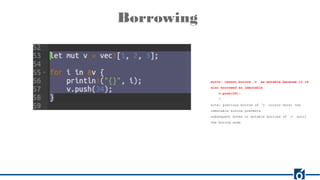 Borrowing
error: cannot borrow `v` as mutable because it is
also borrowed as immutable
v.push(34);
^
note: previous borrow of `v` occurs here; the
immutable borrow prevents
subsequent moves or mutable borrows of `v` until
the borrow ends
 