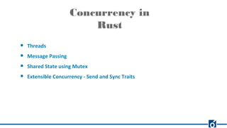 Concurrency in
Rust
● Threads
● Message Passing
● Shared State using Mutex
● Extensible Concurrency - Send and Sync Traits
 