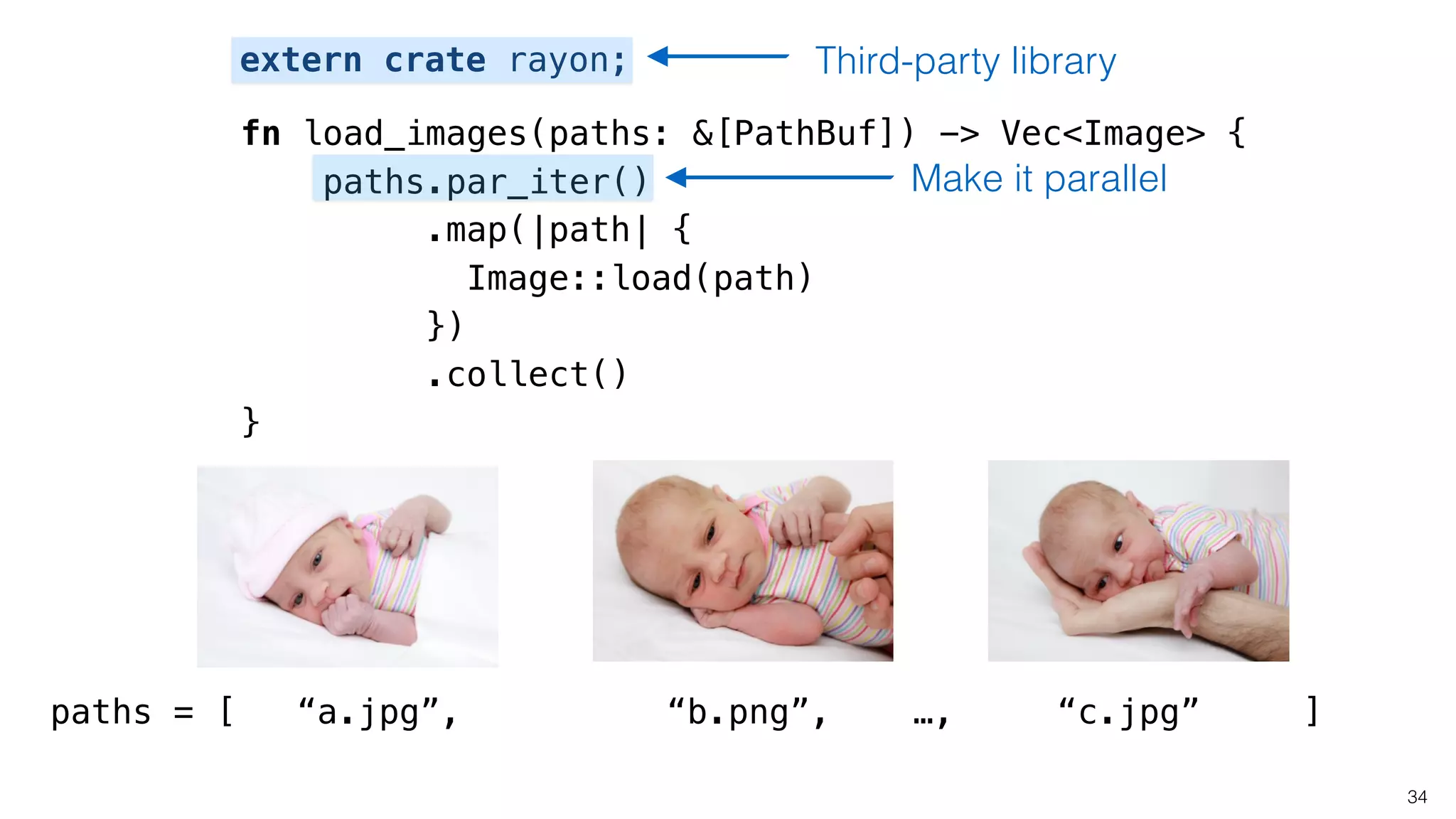 34
fn load_images(paths: &[PathBuf]) -> Vec<Image> {
paths.par_iter()
.map(|path| {
Image::load(path)
})
.collect()
}
Make it parallel
paths = [ “a.jpg”, “b.png”, …, “c.jpg” ]
extern crate rayon; Third-party library
 