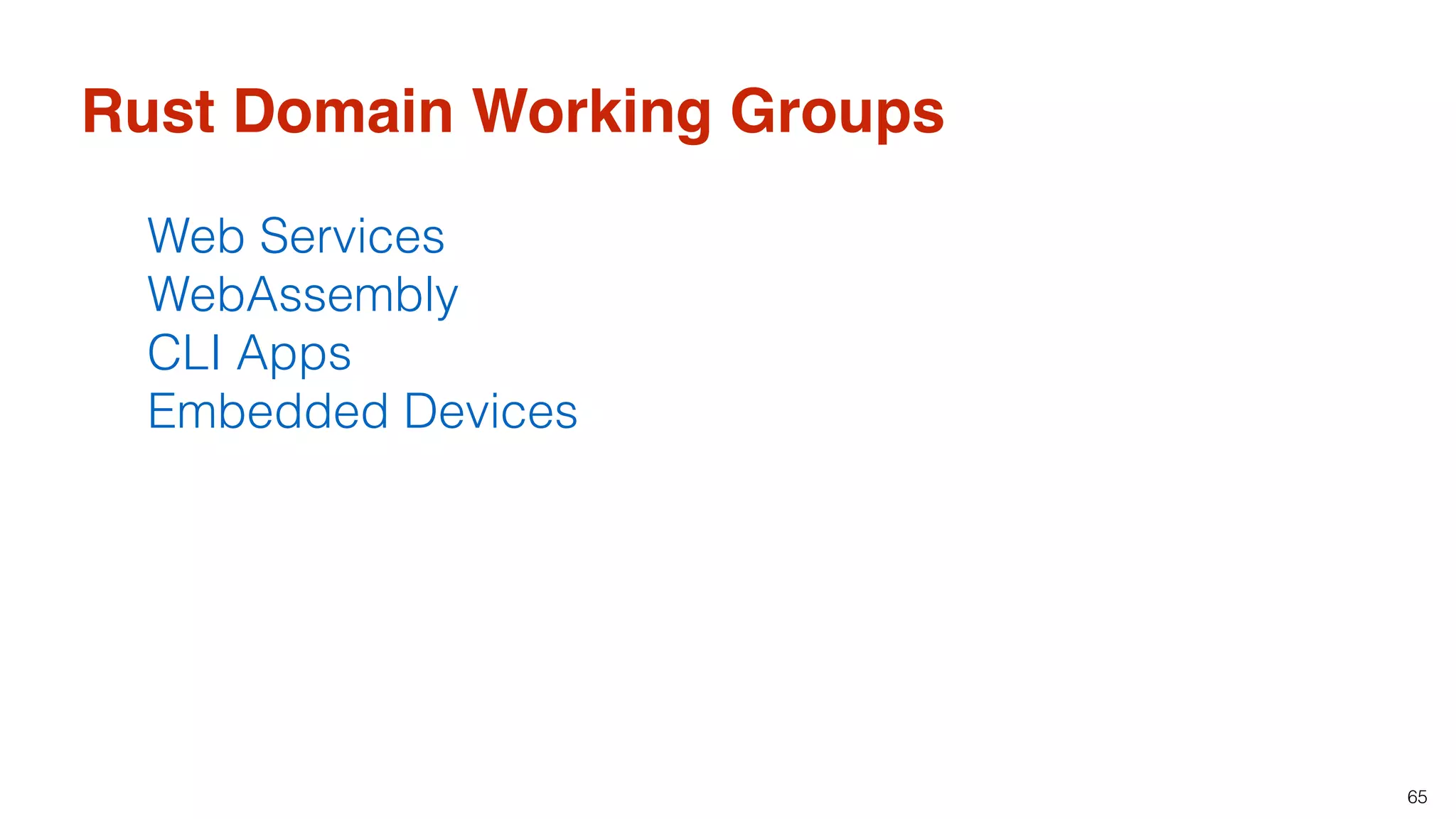 65
Rust Domain Working Groups
Web Services
WebAssembly
CLI Apps
Embedded Devices
 