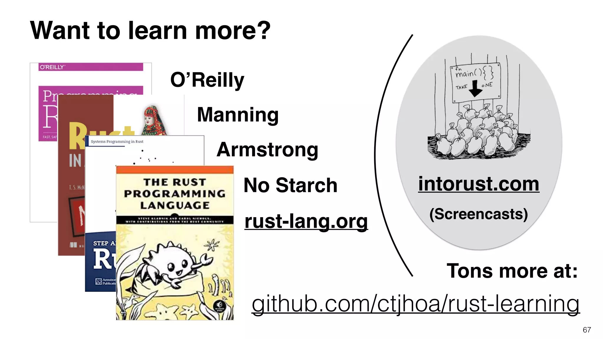 67
Want to learn more?
intorust.com
rust-lang.org
O’Reilly
(Screencasts)
Manning
No Starch
Armstrong
github.com/ctjhoa/rust-learning
Tons more at:
 