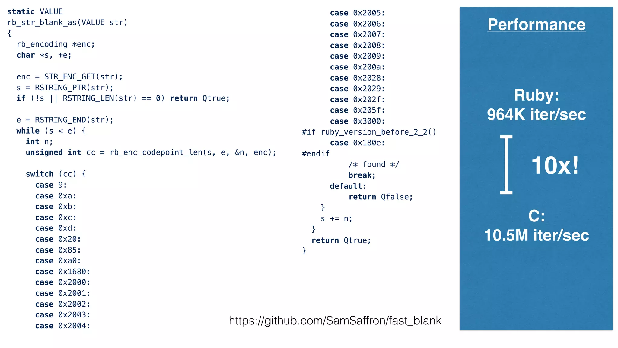static VALUE
rb_str_blank_as(VALUE str)
{
rb_encoding *enc;
char *s, *e;
enc = STR_ENC_GET(str);
s = RSTRING_PTR(str);
if (!s || RSTRING_LEN(str) == 0) return Qtrue;
e = RSTRING_END(str);
while (s < e) {
int n;
unsigned int cc = rb_enc_codepoint_len(s, e, &n, enc);
switch (cc) {
case 9:
case 0xa:
case 0xb:
case 0xc:
case 0xd:
case 0x20:
case 0x85:
case 0xa0:
case 0x1680:
case 0x2000:
case 0x2001:
case 0x2002:
case 0x2003:
case 0x2004:
case 0x2005:
case 0x2006:
case 0x2007:
case 0x2008:
case 0x2009:
case 0x200a:
case 0x2028:
case 0x2029:
case 0x202f:
case 0x205f:
case 0x3000:
#if ruby_version_before_2_2()
case 0x180e:
#endif
/* found */
break;
default:
return Qfalse;
}
s += n;
}
return Qtrue;
}
Performance
Ruby:
964K iter/sec
C:
10.5M iter/sec
10x!
https://github.com/SamSaffron/fast_blank
 