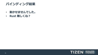 10
バインディング結果
• 動かせませんでした。
• Rust 難しくね？
 