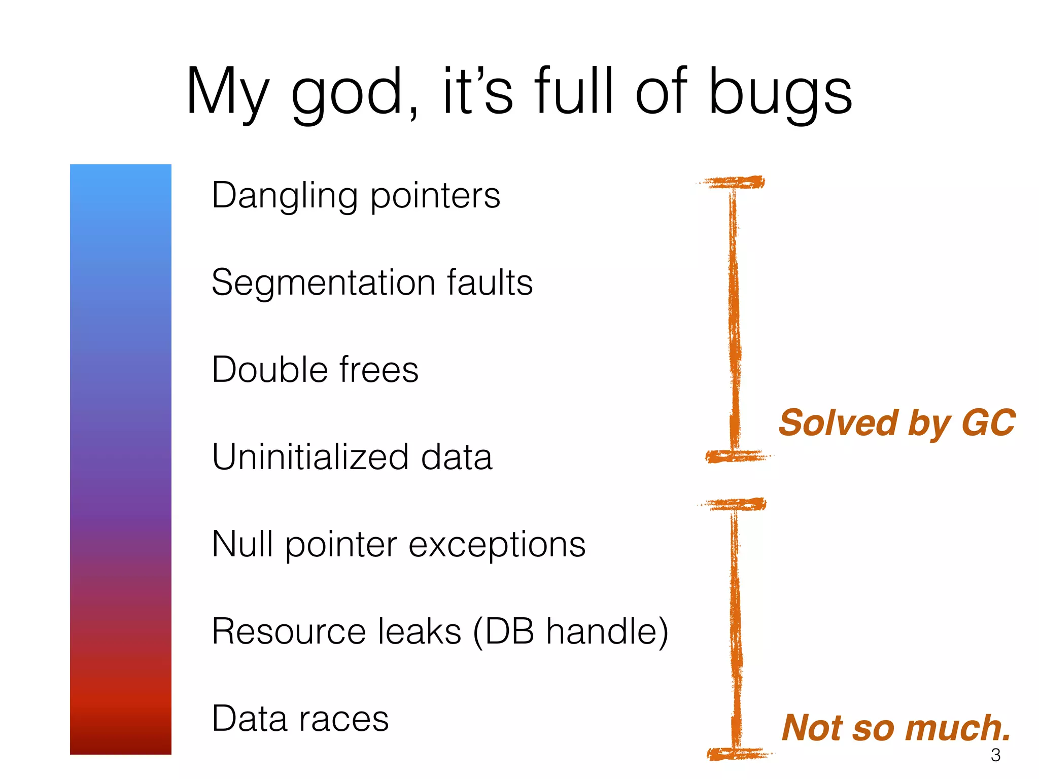My god, it’s full of bugs
3
Dangling pointers
!
Segmentation faults
!
Double frees
!
Uninitialized data
!
Null pointer exceptions
!
Resource leaks (DB handle)
!
Data races
Solved by GC
Not so much.
 