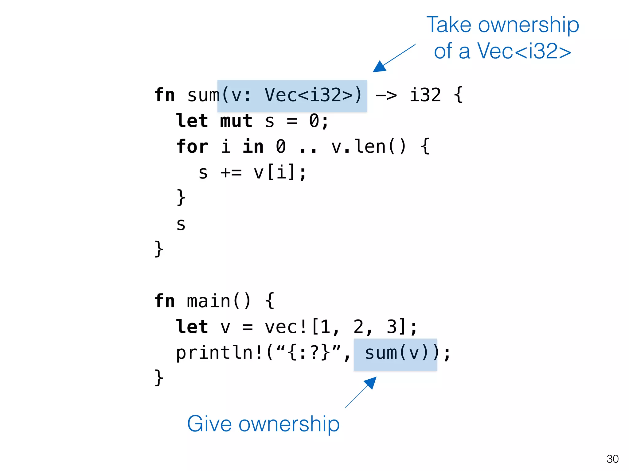 30
fn sum(v: Vec<i32>) -> i32 {
let mut s = 0;
for i in 0 .. v.len() {
s += v[i];
}
s
}
!
fn main() {
let v = vec![1, 2, 3];
println!(“{:?}”, sum(v));
}
Take ownership
of a Vec<i32>
Give ownership
 