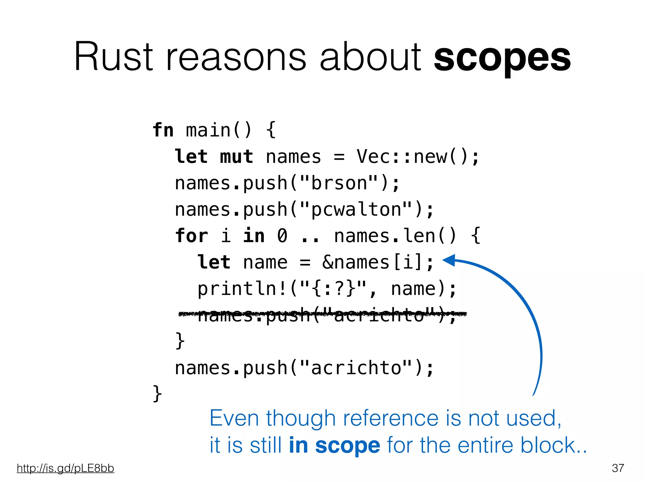 Rust reasons about scopes
37
fn main() {
let mut names = Vec::new();
names.push("brson");
names.push("pcwalton");
for i in 0 .. names.len() {
let name = &names[i];
println!("{:?}", name);
names.push("acrichto");
}
names.push("acrichto");
}
Even though reference is not used,
it is still in scope for the entire block..
http://is.gd/pLE8bb
 