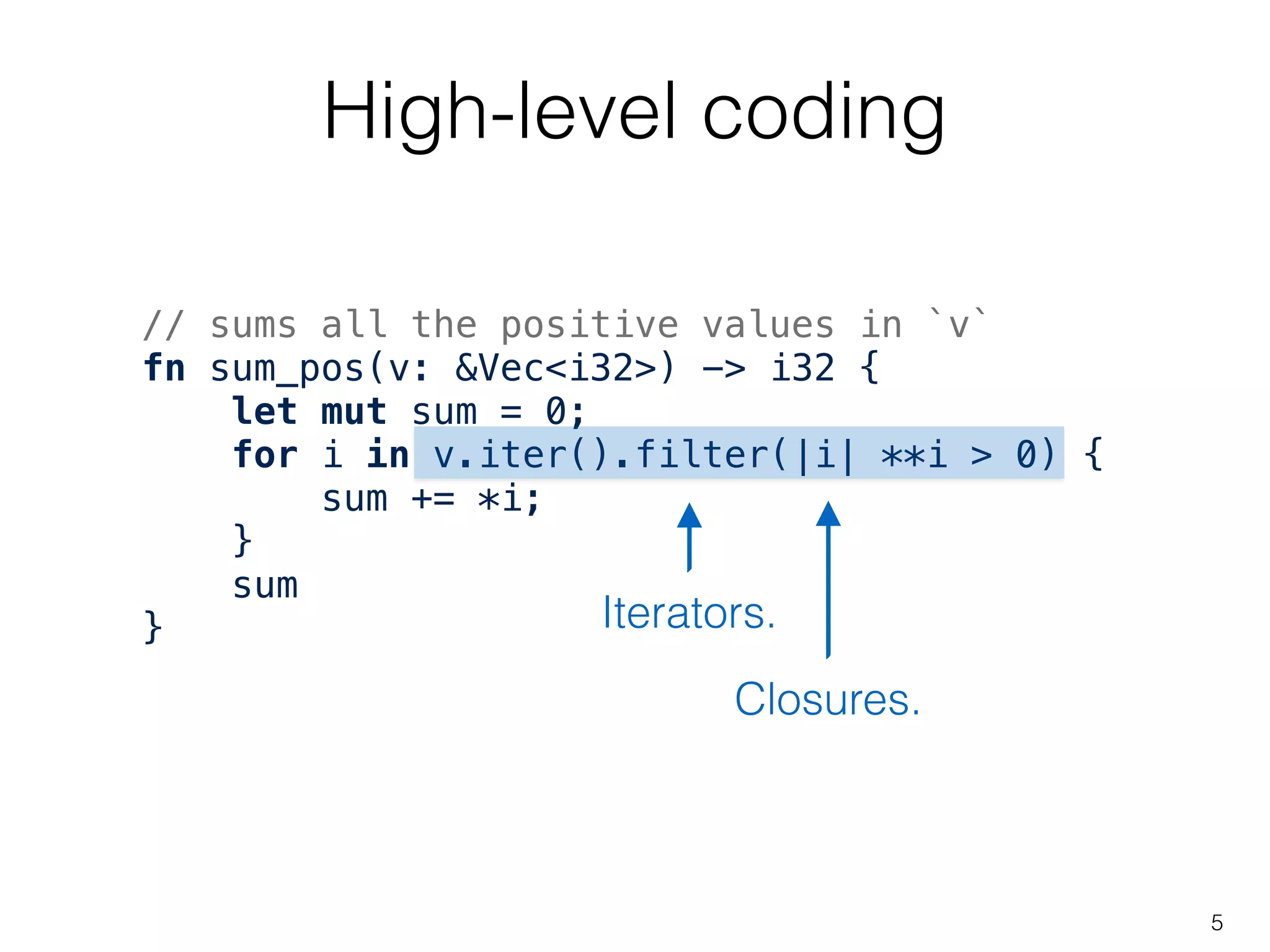 // sums all the positive values in `v`
fn sum_pos(v: &Vec<i32>) -> i32 {
let mut sum = 0;
for i in v.iter().filter(|i| **i > 0) {
sum += *i;
}
sum
}
High-level coding
5
Iterators.
Closures.
 