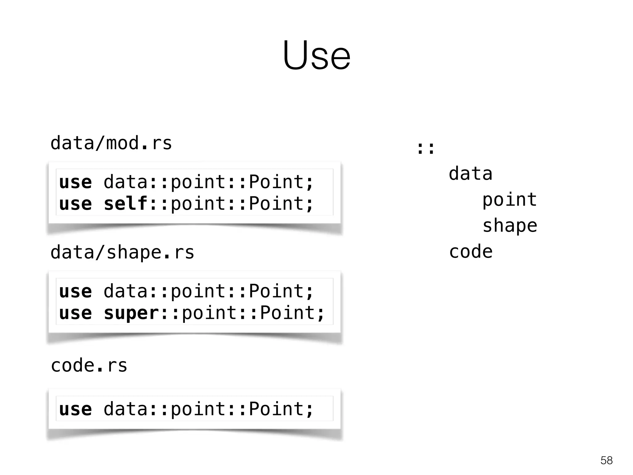 Use
58
::
data
point
shape
code
code.rs
use data::point::Point;
data/mod.rs
use data::point::Point;
use self::point::Point;
data/shape.rs
use data::point::Point;
use super::point::Point;
 