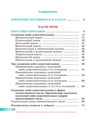 134
Содержание
ПОВТОРЕНИЕ ИЗУЧЕННОГО В III КЛАССЕ .............. 3
ЧАСТИ РЕЧИ
ИМЯ СУЩЕСТВИТЕЛЬНОЕ ..................................... 9
Склонение имён существительных ........................... 12
Именительный падеж ........................................ 15
Родительный падеж .......................................... 18
Дательный падеж .............................................. 21
Винительный падеж .......................................... 23
Именительный и винительный падежи ................ 26
Винительный и родительный падежи .................. 30
Творительный падеж ......................................... 34
Предложный падеж .......................................... 36
Винительный и предложный падежи .................. 42
Три склонения имён существительных .................... 46
Правописание падежных окончаний
имён существительных 1-го склонения ............ 52
Правописание падежных окончаний
имён существительных 2-го склонения ............ 56
Правописание падежных окончаний
имён существительных 3-го склонения ............ 60
Правописание падежных окончаний
имён существительных 1, 2 и 3-го склонений ... 63
Склонение имён существительных в форме
множественного числа. Правописание падежных
окончаний имён существительных в форме
множественного числа ......................................... 66
Родительный падеж множественного числа .............. 69
Контрольные вопросы и задания ........................... 75
Правообладатель Национальный институт образования
 