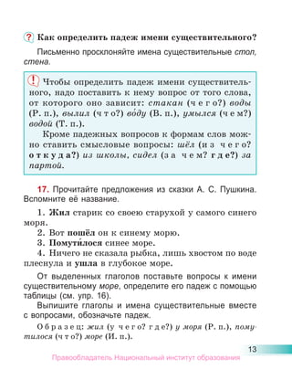 13
Как определить падеж имени существительного?
Письменно просклоняйте имена существительные стол,
стена.
Чтобы определить падеж имени существитель-
ного, надо поставить к нему вопрос от того слова,
от которого оно зависит: стакан (ч е г о?) воды
(Р. п.), вылил (ч т о?) во́ду (В. п.), умылся (ч е м?)
водой (Т. п.).
Кроме падежных вопросов к формам слов мож-
но ставить смысловые вопросы: шёл (и з ч е г о?
о т к у д а?) из школы, сидел (з а ч е м? г д е?) за
партой.
17. Прочитайте предложения из сказки А. С. Пушкина.
Вспомните её название.
1. Жил старик со своею старухой у самого синего
моря.
2. Вот пошёл он к синему морю.
3. Помути́лося синее море.
4. Ничего не сказала рыбка, лишь хвостом по воде
плеснула и ушла в глубокое море.
От выделенных глаголов поставьте вопросы к имени
существительному море, определите его падеж с помощью
таблицы (см. упр. 16).
Выпишите глаголы и имена существительные вместе
с вопросами, обозначьте падеж.
О б р а з е ц: жил (у ч е г о? г д е?) у моря (Р. п.), пому-
тилося (ч т о?) море (И. п.).
Правообладатель Национальный институт образования
 