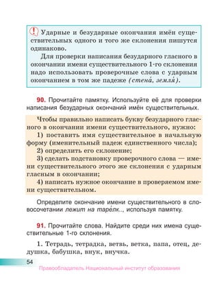 54
Ударные и безударные окончания имён суще-
ствительных одного и того же склонения пишутся
одинаково.
Для проверки написания безударного гласного в
окончании имени существительного 1-го склонения
надо использовать проверочные слова с ударным
окончанием в том же падеже (стена́, земля́).
90. Прочитайте памятку. Используйте её для проверки
написания безударных окончаний имён существительных.
Чтобы правильно написать букву безударного глас-
ного в окончании имени существительного, нужно:
1) поставить имя существительное в начальную
форму (именительный падеж единственного числа);
2) определить его склонение;
3) сделать подстановку проверочного слова — име-
ни существительного этого же склонения с ударным
гласным в окончании;
4) написать нужное окончание в проверяемом име-
ни существительном.
Определите окончание имени существительного в сло-
восочетании лежит на таре́лк.., используя памятку.
91. Прочитайте слова. Найдите среди них имена суще-
ствительные 1-го склонения.
1. Тетрадь, тетрадка, ветвь, ветка, папа, отец, де-
душка, бабушка, внук, внучка.
Правообладатель Национальный институт образования
 