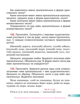 79
Как изменяются имена прилагательные в форме един-
ственного числа?
Какие окончания имеют имена прилагательные мужского,
женского, среднего рода в форме единственного числа?
Какие окончания имеют имена прилагательные в форме
множественного числа?
Определяется ли род имён прилагательных в форме
множественного числа?
132. Прочитайте. Согласуйте с именами существитель-
ными (поставьте в том же роде, числе) имена прилагатель-
ные. С каждым словосочетанием составьте предложение
(устно).
(Зимний) дорога, (спелый) яблоко, (злой) собака,
(полный) луна, (дальний) моря́, (синий) тени, (золо-
той) медаль, (осенний) ненастье, (важный) гусь, (хо-
роший) настроение.
Запишите, раскрывая скобки. Выделите окончания имён
прилагательных. Обозначьте род. В форме какого числа род
имён прилагательных не определятся?
133. Прочитайте. Замените данные пары слов словосо-
четаниями «имя прилагательное + имя существительное».
Запишите по образцу. Обозначьте число и род имён при-
лагательных. Выделите окончания.
Поле пшеницы, хлеб из пшеницы, булка из пше-
ницы, пироги из пшеницы; берег моря, рыба из моря,
чудище из моря, волны моря.
ед.ч., с.р.
О б р а з е ц: поле пшеницы — пшеничн ое поле.
Правообладатель Национальный институт образования
 