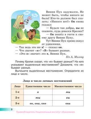 8
Винни Пух задумался. Не
может быть, чтобы никого не
было! Кто-то должен был ска-
зать: «Никого нет!» Он снова
сказал:
— Будьте так добры, вы не
скажете, куда девался Кролик?
— Он пошёл в гости к сво­
ему другу Винни Пуху.
Тут Винни Пух прямо охнул
от удивления.
— Так ведь это же я! — сказал он.
— Что значит «я»? «Я» бывают разные.
— «Это я» значит: это я, Винни Пух.
По А. Милну
Почему Кролик сказал, что «я» бывают разные? На кого
указывают выделенные местоимения? Докажите, что «я»
бывают разные.
Выпишите выделенные местоимения. Определите их
лицо и число.
Лицо и число личных местоимений
Лицо Единственное число Множественное число
1-е я мы
2-е ты вы
3-е он, она, оно они
Правообладатель Национальный институт образования
 