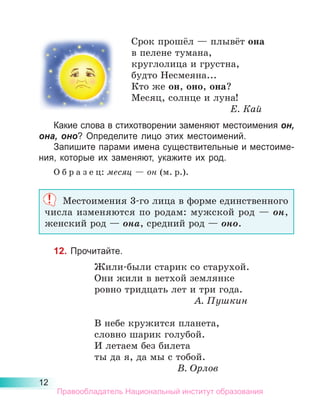 12
Срок прошёл — плывёт она
в пелене тумана,
круглолица и грустна,
будто Несмеяна...
Кто же он, оно, она?
Месяц, солнце и луна!
Е. Кай
Какие слова в стихотворении заменяют местоимения он,
она, оно? Определите лицо этих местоимений.
Запишите парами имена существительные и местоиме-
ния, которые их заменяют, укажите их род.
О б р а з е ц: месяц — он (м. р.).
Местоимения 3-го лица в форме единственного
числа изменяются по родам: мужской род  — он,
женский род — она, средний род — оно.
12. Прочитайте.
Жили-были старик со старухой.
Они жили в ветхой землянке
ровно тридцать лет и три года.
А. Пушкин
В небе кружится планета,
словно шарик голубой.
И летаем без билета
ты да я, да мы с тобой.
В. Орлов
Правообладатель Национальный институт образования
 