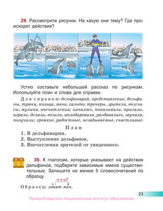 23
29. Рассмотрите рисунки. На какую они тему? Где про-
исходят действия?
Устно составьте небольшой рассказ по рисункам.
Используйте план и слова для справки.
Д л я  с п р а в к и: дельфинарий, представление, дельфи­
ны, трюки, кольца, мячи, сальто, тренеры, зрители, возгла­
сы, музыка, впечатления; началось, показывали, прыгали,
играли, делали, возили, аплодировали, раздавались, звучала,
получили; громкие, радостные, незабываемые, счастливые.
П л а н
1. В дельфинарии.
2. Выступление дельфинов.
3. Впечатления зрителей от увиденного.
30. К глаголам, которые указывают на действия
дельфинов, подберите зависимые имена существи-
тельные. Запишите не менее 5 словосочетаний по
образцу.
О б р а з е ц: ловят мяч.
×
 ч т о?
Правообладатель Национальный институт образования
 