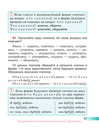 61
Если глагол в неопределённой форме отвечает
на вопрос  ч т о  с д е л а т ь?, то в форме будущего
времени он отвечает на вопрос  ч т о  с д е л а е т?
Ч т о  с д е л а т ь? испечь, сберечь.
Ч т о  с д е л а е т? испечёт, сбережёт.
91. Прочитайте пары глаголов. На какие вопросы они
отвечают?
Рвать  — сорвать, ответить  — отвечать, устраи-
вать  — устроить, оценить  — ценить, начать  — на-
чинать, портить  — испортить, успеть  — успевать,
употреблять — употребить, сходить — ходить, объ-
яснять — объяснить.
От данных глаголов образуйте и запишите глаголы в
форме 1-го лица единственного числа будущего времени.
Обозначьте окончания глаголов.
О б р а з е ц: (ч т о  д е л а т ь?) рвать  — (ч т о  б у д у
д е л а т ь?) буд у  рвать.
(Ч т о  с д е л а т ь?) сорвать — (ч т о  с д е л а ю?) сорв у .
Если форма будущего времени состоит из двух
глаголов (ч т о  б у д у  д е л а т ь?), то при спряже-
нии изменяются окончания только глагола быть.
Я буд у  ждать	 мы буд ем  ждать
ты буд ешь  ждать	 вы буд ете  ждать
он (она, оно) буд ет  ждать	 они бу­
д ут  ждать
Правообладатель Национальный институт образования
 