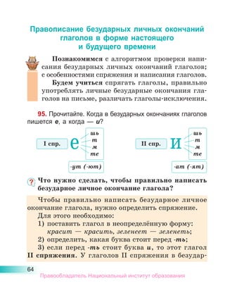 64
Правописание безударных личных окончаний
глаголов в форме настоящего
и будущего времени
Познакомимся с алгоритмом проверки напи-
сания безударных личных окончаний глаголов;
с особенностями спряжения и написания глаголов.
Будем учиться спрягать глаголы, правильно
употреблять личные безударные окончания гла-
голов на письме, различать глаголы-исключения.
95. Прочитайте. Когда в безударных окончаниях глаголов
пишется е, а когда — и?
Что нужно сделать, чтобы правильно написать
безударное личное окончание глагола?
Чтобы правильно написать безударное личное
окончание глагола, нужно определить спряжение.
Для этого необходимо:
1)	 поставить глагол в неопределённую форму:
	 красит — красить, зеленеет — зеленеть;
2)	 определить, какая буква стоит перед -ть;
3)	 если перед -ть стоит буква и, то этот глагол
II  спря­
жения. У глаголов II спряжения в безудар-
шь
т
м
те
шь
т
м
те
-ут (-ют) -ат (-ят)
I спр. II спр.
е и
Правообладатель Национальный институт образования
 