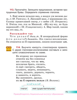 75
113. Прочитайте. Запишите предложения, вставляя про-
пущенные буквы. Определите спряжение глаголов.
1. Ещё земли печален вид, а воздух уж весною ды­
ш..т (Ф. Тютчев). 2. Ла́сковей маш..т вершинами лес.
Солнце приветливей смотр..т с небес (Н. Некрасов).
3. Пчёлы гон..тся за Мишкой. «Жу-жу-жу, не будь
воришкой!» (М. Пляцковский). 4. Мир такой, каким
вы его вид..те.
Рассуждайте так
Ч т о  д е л а е т? дыш..т. В неопредённой форме
(ч т о  д е л а т ь?) дышать. Это глагол-исключение.
Он относится ко II спряжению, пишем окончание -ит.
114. Выучите наизусть стихотворное правило.
С  двумя глаголами-исключениями составьте и запи-
шите словосочетания по схеме.
Ко второму же спряженью
отнесём мы без сомненья
все глаголы, что на -ить,
исключая брить, стелить.
А ещё: смотреть, обидеть,
слышать, видеть, ненавидеть,
гнать, дышать, держать, терпеть,
и зависеть, и вертеть.
Вы запомните, друзья,
их на Е спрягать нельзя (В. Волина).
ч т о? к о г о?
×
глагол имя существительное
Правообладатель Национальный институт образования
 