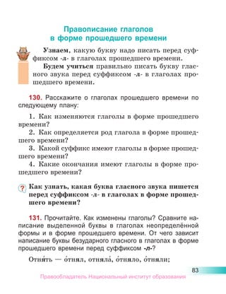 83
Правописание глаголов
в форме прошедшего времени
Узнаем, какую букву надо писать перед суф-
фиксом -л- в глаголах прошедшего времени.
Будем учиться правильно писать букву глас-
ного звука перед суффиксом -л- в глаголах про-
шедшего времени.
130. Расскажите о глаголах прошедшего времени по
следующему плану:
1.	 Как изменяются глаголы в форме прошедшего
времени?
2.	 Как определяется род глагола в форме прошед-
шего времени?
3.	 Какой суффикс имеют глаголы в форме прошед-
шего времени?
4.	 Какие окончания имеют глаголы в форме про-
шедшего времени?
Как узнать, какая буква гласного звука пишется
перед суффиксом -л- в глаголах в форме прошед-
шего времени?
131. Прочитайте. Как изменены глаголы? Сравните на­-
­
пи­
сание выделенной буквы в глаголах неопределённой
формы и в форме прошедшего времени. От чего зависит
на­
пи­
сание буквы безударного гласного в глаголах в форме
про­
шедшего времени перед суффиксом -л-?
Отня́ть — о́тнял, отняла́, о́тняло, о́тняли;
Правообладатель Национальный институт образования
 