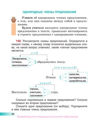 96
ОДНОРОДНЫЕ ЧЛЕНЫ ПРЕДЛОЖЕНИЯ
Узнаем об однородных членах предложения,
о том, как они связаны между собой в предло­
жении.
Будем учиться находить однородные члены
предложения в тексте, правильно интонировать
и строить предложения с однородными членами.
150. Рассмотрите схемы предложений. Определите в
каждой схеме, к какому слову относятся выделенные сло-
ва, на какой вопрос отвечают, каким членом предложения
являются.
Сколько подлежащих в первом предложении? Сколько
сказуемых во втором предложении?
Спишите одно предложение (по выбору). Подчеркните
в нём главные члены предложения.
тихое,
светлое,
ласковое
Зверушки,
птицы,
насекомые
запели,
зачирикали,
защебетали.
Наступило утро.
обрадовались теплу.
Птицы
к а к о е?
ч т о  с д е л а л и?
к т о?
Правообладатель Национальный институт образования
 