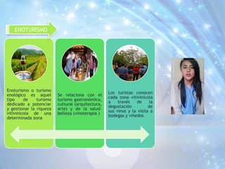 Enoturismo o turismo
enológico es aquel
tipo de turismo
dedicado a potenciar
y gestionar la riqueza
vitivinícola de una
determinada zona
Se relaciona con el
turismo gastronómico,
cultural (arquitectura,
arte) y de la salud-
belleza (vinoterapia )
Los turistas conocen
cada zona vitivinícola
a través de la
degustación de
sus vinos y la visita a
bodegas y viñedos
ENOTURISMO
 