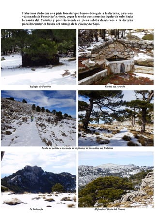 Habremos dado con una pista forestal que hemos de seguir a la derecha, para una
vez pasada la Fuente del Artesón, coger la senda que a nuestra izquierda sube hacia
la caseta del Cabañas y posteriormente en plena subida desviarnos a la derecha
para descender en busca del tornajo de la Fuente del Sapo.

Refugio de Pastores

Fuente del Artesón

Senda de subida a la caseta de vigilantes de incendios del Cabañas

La Salteneja

Al fondo el Picón del Guante

 