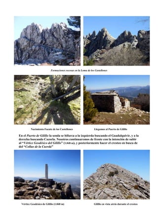 Formaciones rocosas en la Loma de los Castellones
Nacimiento Fuente de los Castellones Llegamos al Puerto de Gilillo
En el Puerto de Gilillo la senda se bifurca a la izquierda buscando el Guadalquivir, y a la
derecha buscando Cazorla. Nosotros continuaremos de frente con la intención de subir
al “Vértice Geodésico del Gilillo” (1.848 m), y posteriormente hacer el cresteo en busca de
del “Collao de la Cuerda”
Vértice Geodésico de Gilillo (1.848 m) Gilillo en vista atrás durante el cresteo
 
