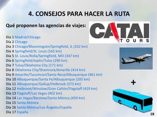 4. CONSEJOS PARA HACER LA RUTA
18
Qué proponen las agencias de viajes:
Día 1 Madrid/Chicago
Día 2 Chicago
Día 3 Chicago/Bloomingotn/Springfield, IL (332 km)
Día 4 Springfield/St. Louis (165 km)
Día 5 St. Louis/Rolla/Springfield, MO (347 km)
Día 6 Springfield/Joplin/Tulsa (290 km)
Día 7 Tulsa/Oklahoma City (171 km)
Día 8 Oklahoma City/Shamrock/Amarillo (414 km)
Día 9 Amarillo/Tucumcari/Santa Rosa/Albuquerque (461 km)
Día 10 Albuquerque/Santa Fe/Albuquerque (205 km)
Día 11 Albuquerque/Gallup/Holbrook (373 km)
Día 12 Holbrook/Winslow/Gran Cañón/Flagstaff (419 km)
Día 13 Flagstaff/Las Vegas (402 km)
Día 14 Las Vegas/Barstow/Santa Mónica (459 km)
Día 15 Santa Mónica
Día 16 Santa Mónica/Los Ángeles/España
Día 17 España
+
 