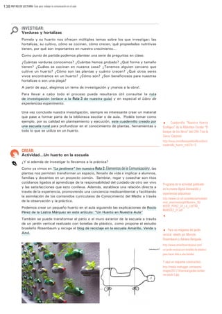 138 RUTAS DE LECTURA: Guía para trabajar la comunicación en el aula

INVESTIGAR:

Verduras y hortalizas
Pomelo y su huerto nos ofrecen múltiples temas sobre los que investigar: las
hortalizas, su cultivo, cómo se cocinan, cómo crecen, qué propiedades nutritivas
tienen, por qué son importantes en nuestro crecimiento…
Como punto de partida podemos plantear una serie de preguntas en clase:
¿Cuántas verduras conocemos? ¿Cuántas hemos probado? ¿Qué forma y tamaño
tienen? ¿Cuáles se cocinan en nuestra casa? ¿Tenemos alguien cercano que
cultive un huerto? ¿Cómo son las plantas y cuánto crecen? ¿Qué otros seres
vivos encontramos en un huerto? ¿Cómo son? ¿Son beneficiosos para nuestras
hortalizas o son una plaga?
A partir de aquí, elegimos un tema de investigación y ¡manos a la obra!.
Para llevar a cabo todo el proceso puede resultaros útil consultar la ruta
de investigación (enlace a la Ruta 3 de nuestra guía) y en especial el Libro de
experiencias-experimento.
Una vez concluida nuestra investigación, siempre es interesante crear un material
que pase a formar parte de la biblioteca escolar o de aula. Podéis tomar como
ejemplo, por su calidad en planteamiento y ejecución, este cuadernillo creado por
una escuela rural para profundizar en el conocimiento de plantas, herramientas y
todo lo que se utiliza en un huerto.

t
Cuadernillo “Nuestro Huerto
Ecológico” de la Biblioteca Escolar “El
bosque de los libros” del CRA Tras la
Sierra (Cáceres).

http://issuu.com/elbosquedeloslibros/docs/
cuadernillo_huerto_cra/5?e=0

CREAR:

Actividad...Un huerto en la escuela
¿Y si además de investigar lo llevamos a la práctica?
Como ya vimos en “La jardinera” (en nuestra Ruta 2: Elementos de la Comunicación), las
plantas nos permiten transformar un espacio, llenarlo de vida e implicar a alumnos,
familias y docentes en un proyecto común. Sembrar, regar y cosechar son ritos
cotidianos ligados al aprendizaje de la responsabilidad del cuidado de otro ser vivo
y las satisfacciones que esto conlleva. Además, establece una relación directa a
través de la experiencia, promoviendo una conciencia medioambiental y facilitando
la asimilación de los contenidos curriculares de Conocimiento del Medio a través
de la observación y la práctica.
Podemos crear un pequeño huerto en el aula siguiendo las explicaciones de Rocío
Pérez de la Lastra Márquez en este artículo: “Un Huerto en Nuestra Aula”
También se puede transformar el patio o el muro exterior de la escuela a través
de un jardín vertical realizado con botellas de plástico, como propone el estudio
brasileño Rosenbaum y recoge el blog de reciclaje en la escuela Amarillo, Verde y
Azul.

Programa de la actividad publicado
en la revista digital Innovación y
experiencias educativas:
http://www.csi-csif.es/andalucia/modules/
mod_ense/revista/pdf/Numero_36/
ROCIO_PEREZ_DE_LA_LASTRA_
MARQUEZ_01.pdf
t

Para ver mágenes del jardín
vertical ideado por Marcelo
Rosembaum y Adriana Benguela.
t

http://www.amarilloverdeyazul.com/
un-jardin-vertical-con-botellas-de-plasticopara-hacer-feliz-a-una-familia/

Y aquí un esquema constructivo:
http://media.treehugger.com/assets/
images/2011/10/vertical-garden-bottlessao-paulo-5.jpg

 