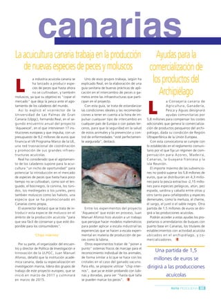 Ruta Pesquera 91ok:Maquetación 1 01/03/12 7:59 Página 95




                          canarias
         La acuicultura canaria trabaja en la producción Ayudas para la
            de nuevas especies de peces y moluscos       comercialización de

         L
                       a industria acuícola canaria se
                       ha lanzado a producir espe-
                                                          los productos del
                                                           Uno de esos grupos trabaja, según ha
                                                         explicado Real, en la elaboración de una
                       cies de peces que hasta ahora     guía sanitaria de buenas prácticas de apli-
                       no se cultivaban, y también
         moluscos, ya que su objetivo es "copar el
                                                            Archipiélago
                                                         cación en el intercambio de peces o ga-
                                                         metos entre las infraestructuras que parti-



                                                                                                       L
         mercado" que deja la pesca ante el ago-         cipan en el proyecto.                                           a Consejería canaria de
         tamiento de los caladeros del mundo.               Con esta guía, se trata de estandarizar                      Agricultura, Ganadería,
            Así lo explicó el vicerrector de la          las condiciones ideales y las recomenda-                        Pesca y Aguas designará
         Universidad de Las Palmas de Gran               ciones a tener en cuenta a la hora de im-                       ayudas comunitarias por
         Canaria (Ulpgc), Fernando Real, en el se-       pulsar cualquier tipo de intercambio en       5,8 millones para compensar los costes
         gundo encuentro anual del proyecto              cualquier país de Europa o con países ter-    adicionales que genera la comercializa-
         ‘Aquaexcel’, en el que intervienen 17 ins-      ceros, para que la seguridad en la salud      ción de productos pesqueros del archi-
         tituciones europeas y que impulsa, con un       de estos animales y la prevención y con-      piélago, dada su condición de Región
         presupuesto de 9,2 millones de euros que        trol de enfermedades "esté perfectamen-       Ultraperiférica de la Unión Europea.
         financia el VII Programa Marco de la UE,        te asegurada", destacó.                          Con esta convocatoria se cumple con
         una red trasnacional de coordinación                                                          lo establecido en el reglamento comuni-
         y promoción de sus grandes infraes-                                                           tario por el que fija un régimen de com-
         tructuras acuícolas.                                                                          pensación para Azores, Madeira,
            Real ha considerado que el agotamien-                                                      Canarias, la Guayana francesa y la
         to de los caladeros supone para la acui-                                                      isla Reunión.
         cultura "un nicho de oportunidad" para                                                           El importe máximo de las subvencio-
         potenciar la introducción en el mercado                                                       nes no podrá superar los 5,8 millones de
         de especies de peces que hasta hace poco                                                      euros, que se distribuirán en 4,3 millo-
         tiempo no se cultivaban, como son el len-                                                     nes para la pesca extractiva -2,15 millo-
         guado, el bocinegro, la corvina, los túni-                                                    nes para especies pelágicas, atún, pez
         dos, los medregales o los jureles, pero                                                       espada, sardina y caballa entre otras y
         también moluscos como las haliotis, una                                                       otro tanto para cefalópodos y especies
         especie que se ha promocionado en                                                             demersales, como la merluza, el cherne,
         Canarias como propia.                                                                         el sargo, el jurel o el sable negro. Otra
            El vicerrector destacó que se trata de in-     Entre los experimentos del proyecto         partida de 1,5 millones de euros se diri-
         troducir esta especie de molusco en el          ‘Aquaexcel’ que están en proceso, Juan        girá a las producciones acuícolas.
         ámbito de la producción acuícola "para          Manuel Afonso hizo alusión a un trabajo          Podrán acceder a estas ayudas los pro-
         que sea fácil de conservar y que esté dis-      que persigue hacer modelos matemáticos        pietarios o arrendatarios de buques con
         ponible para los consumidores".                 para poder aplicar a escala industrial las    puerto base en Canarias, los titulares de
                                                         experiencias que se hacen a escala experi-    establecimientos con actividad acuícola
                       ‘Chips internos’                  mental en materia de producción de pe-        u b i c a d o s e n e l a rc h i p i é l a g o , y c o -
                                                         ces como la lubina.                           mercializadores.
            Por su parte, el organizador del encuen-       Otros experimentos tratan de "poner a
         tro y director de Política de Investigación e   punto" sistemas físicos de marcaje para el
         Innovación de la ULPGC, Juan Manuel             reconocimiento individual de los animales,
                                                                                                               Una partida de 1,5
         Afonso, detalló que la institución acadé-       de forma similar a lo que se hace con los
                                                                                                             millones de euros se
         mica canaria, dada su especialización en        crotales en el caso del ganado vacuno.
         investigación marina, lidera dos grupos de      Para ello, se propone utilizar "chip inter-   dirigirá a las producciones
         trabajo de este proyecto europeo, que se        nos", que ya se están probando con lubi-
         inició en marzo de 2011 y culminará             nas y doradas, para ver "hasta qué talla                        acuícolas
         en marzo de 2015.                               se pueden marcar los peces".

                                                                                                                              RUTA PESQUERA 95
 