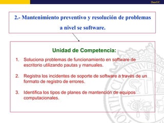 Unidad de Competencia:
1. Soluciona problemas de funcionamiento en software de
escritorio utilizando pautas y manuales.
2. Registra los incidentes de soporte de software a través de un
formato de registro de errores.
3. Identifica los tipos de planes de mantención de equipos
computacionales.
2.- Mantenimiento preventivo y resolución de problemas
a nivel se software.
 