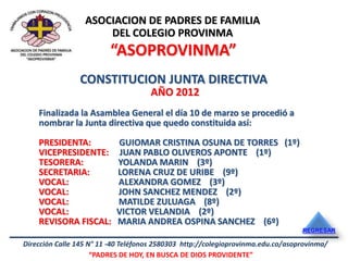 ASOCIACION DE PADRES DE FAMILIA
                      DEL COLEGIO PROVINMA
                         “ASOPROVINMA”
                CONSTITUCION JUNTA DIRECTIVA
                                     AÑO 2012
    Finalizada la Asamblea General el día 10 de marzo se procedió a
    nombrar la Junta directiva que quedo constituida así:

    PRESIDENTA:            GUIOMAR CRISTINA OSUNA DE TORRES (1º)
    VICEPRESIDENTE:         JUAN PABLO OLIVEROS APONTE (1º)
    TESORERA:              YOLANDA MARIN (3º)
    SECRETARIA:            LORENA CRUZ DE URIBE (9º)
    VOCAL:                 ALEXANDRA GOMEZ (3º)
    VOCAL:                 JOHN SANCHEZ MENDEZ (2º)
    VOCAL:                 MATILDE ZULUAGA (8º)
    VOCAL:                 VICTOR VELANDIA (2º)
    REVISORA FISCAL:       MARIA ANDREA OSPINA SANCHEZ (6º)
                                                                                  REGRESAR

Dirección Calle 145 N° 11 -40 Teléfonos 2580303 http://colegioprovinma.edu.co/asoprovinma/
                     “PADRES DE HOY, EN BUSCA DE DIOS PROVIDENTE”
 