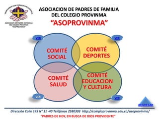 ASOCIACION DE PADRES DE FAMILIA
                      DEL COLEGIO PROVINMA
                         “ASOPROVINMA”
                VER                                                VER



                       COMITÉ                  COMITÉ
                       SOCIAL                 DEPORTES


                        COMITÉ                  COMITÉ
                                              EDUCACION
                         SALUD                Y CULTURA
                VER                                                VER

                                                                                  REGRESAR

Dirección Calle 145 N° 11 -40 Teléfonos 2580303 http://colegioprovinma.edu.co/asoprovinma/
                     “PADRES DE HOY, EN BUSCA DE DIOS PROVIDENTE”
 
