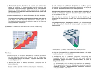a) Planteamiento de las alternativas de solución para eliminar las
causas del problema. Es preciso distinguir aquí las soluciones que
solamente constituyen remedios inmediatos de las que realmente
eliminan los factores causales. Debe examinarse las ventajas y
desventajas de cada alternativa diseñada, seleccionando aquella que
sea mas conveniente.
b) Diseño de medidas para los efectos secundarios, en caso necesario.
Complementariamente a las herramientas expuestas en este paso se
suele hace uso del Diagrama denominado "COMO" para la
formulación de las alternativas de solución, luego en el Diagrama
Gant programar la implantación.
Quinto Paso: Confirmación de la eficacia de la acción (Verificación).
Actividades
a) Comparación de los resultados obtenidos con la solución implantada
con los obtenidos anteriormente, haciendo uso de histogramas,
gráficos lineales gráficos de control o cualquier otra gráfica que
resulte útil para este fin.
b) Medición del efecto en términos monetarios y comparar con el
objetivo deseado.
Esta es una fase típica de monitoreo de las mejoras implantadas.
En este sentido: la no satisfacción del Cliente, los resultados que no
concuerdan con los objetivos o metas o todo aquello que se desvíe de
las políticas, representa problemas para una organización.
Analizando esta definición podemos ver que para definir un problema se
necesita en primer lugar conocer lo deseable, lo que quiere el Cliente,
en dos palabras el "debe ser".
Esto nos lleva a reconocer la importancia de los objetivos y el
compromiso de los directivos o de la Alta Gerencia para definir los
objetivos.
Permitirá a ellos mismos, a los Mandos Medios, a los Supervisores y a
los Operativos saber la dirección de la empresa y de esa manera definir
sus problemas.
Las actividades que deben realizarse en este primer paso son:
a) Toma de conocimiento de los lineamientos, los objetivos y las metas
de la organización o área de estudio.
b) Identificación de los problemas prioritarios, comparando los
resultados obtenidos con lo previsto. Para ello puede utilizarse
histogramas, gráficos de control o gráficos varios, así como el
Diagrama de Pareto.
Es recomendable usar una Matriz de Selección de Problemas,
técnica que actualmente es muy utilizada para valorar y priorizar los
problemas en función a factores tales como: importancia, frecuencia,
costo, accesibilidad, entre otros.
 