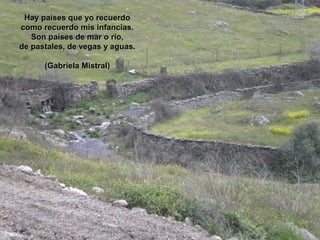 Hay países que yo recuerdo
como recuerdo mis infancias.
   Son países de mar o río,
de pastales, de vegas y aguas.

      (Gabriela Mistral)
 