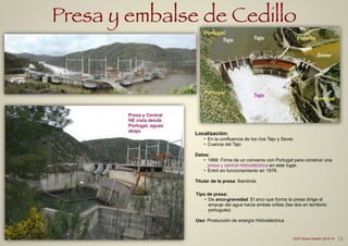 Presa y embalse de Cedillo
Presa y Central
HE vista desde
Portugal, aguas
abajo
Tejo Tajo
Sever
Tejo
Localización:
• En la confluencia de los ríos Tajo y Sever.
• Cuenca del Tajo
!
Datos:
• 1968: Firma de un convenio con Portugal para construir una
presa y central Hidroeléctrica en este lugar.
• Entró en funcionamiento en 1976.
!
Titular de la presa: Iberdrola
Tipo de presa:
• De arco-gravedad. El arco que forma la presa dirige el
empuje del agua hacia ambas orillas (las dos en territorio
portugués)
!
Uso: Producción de energía Hidroeléctrica
Portugal
Portugal
Portugal
España
11CEIP Dulce Chacón 2013-14
 