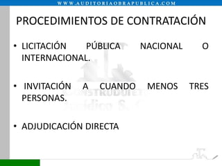 PROCEDIMIENTOS DE CONTRATACIÓN
• LICITACIÓN
PÚBLICA
INTERNACIONAL.
• INVITACIÓN
PERSONAS.

A

CUANDO

• ADJUDICACIÓN DIRECTA

NACIONAL

MENOS

O

TRES

 