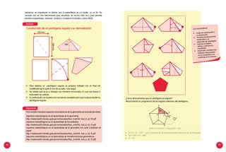 96 97
Asimismo, es importante no olvidar que la papiroflexia es un medio, no un fin. No
consiste solo en una herramienta para visualizar, es mucho más rica, pues permite
estudiar propiedades, observar, analizar y conjeturar (Cañadas y otros 2003).
210 mm
289mm
108°
•	 Para obtener un   pentágono regular se propone trabajar con un hoja A4
modificada (se le quita 8 mm de su lado más largo).
•	 No olvidar que se va a trabajar con números irracionales, lo cual nos fuerza a
redondear los valores.
•	 A continuación se muestra una secuencia completa para que la pieza resulte un
pentágono regular.
Construcción de un pentágono regular y su demostración
¿Cómo demostramos que un pentágono es regular?
Reconociendo la congruencia de los ángulos interiores del pentágono.
54°
?
?
?
P
Q
C
N
D
Sus características:
•	 Incita a la observación y
la abstracción.
•	 Fomenta el pensamiento
matemático y el
desarrollo de estrategias.
•	 Estimula el espíritu
artístico y fomenta la
creatividad.
•	 Desarrolla y fortalece las
actitudes relacionadas
con la autoestima y la
confianza en sí mismas.
Para ampliar estudios respecto a la enseñanza de la geometría se recomienda visitar:
Aspectos metodológicos en el aprendizaje de la geometria
http://sistemas02.minedu.gob.pe/archivosdes/fasc_mat/04_mat_d_s2_f4.pdf
Aspectos metodológicos en el aprendizaje de los poliedros
http://sistemas02.minedu.gob.pe/archivosdes/fasc_mat/04_mat_d_s3_f7.pdf
Aspectos metodológicos en el aprendizaje de la geometría con corte y doblado de
papel
http://sistemas02.minedu.gob.pe/archivosdes/fasc_mat/04_mat_e_s2_f1.pdf
Aspectos metodológicos en el aprendizaje de transformaciones geometricas
http://sistemas02.minedu.gob.pe/archivosdes/fasc_mat/04_mat_e_s2_f7.pdf
Ejemplo:
Importante:
 