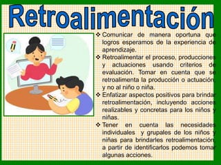  Comunicar de manera oportuna que
logros esperamos de la experiencia de
aprendizaje.
 Retroalimentar el proceso, producciones
y actuaciones usando criterios de
evaluación. Tomar en cuenta que se
retroalimenta la producción o actuación,
y no al niño o niña.
 Enfatizar aspectos positivos para brindar
retroalimentación, incluyendo acciones
realizables y concretas para los niños y
niñas.
 Tener en cuenta las necesidades
individuales y grupales de los niños y
niñas para brindarles retroalimentación,
a partir de identificarlos podemos tomar
algunas acciones.
 