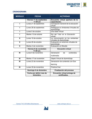 CRONOGRAMA
MODULO FECHA ACTIVIDAD
Viernes 11 de septiembre Encuentro virtual apertura de la
11:00 am capacitación.
I Lunes 21 de septiembre Concepción General de la educación
virtual.
I Lunes 28 de septiembre Pedagogía en Ambientes Virtuales de
Aprendizaje.
I Lunes 5 de octubre Una clase Virtual
I Martes 13 de octubre Rol del Tutor en la Educación
virtual.
II Lunes 19 de octubre La comunicación en los ambientes
virtuales de Aprendizaje.
II Lunes 26 de octubre Evaluación en entornos virtuales de
aprendizaje.
II Martes 3 de noviembre Evaluación en Moodle
Viernes 6 de noviembre Encuentro virtual
11:00 am.
III Lunes 9 de noviembre Generación de contenidos
multimedia
III Martes 17 de noviembre Objeto Virtual de Aprendizaje
III Lunes 23 de noviembre Generación de contenido con Exe
learning
III Lunes 30 de noviembre Práctica final
Domingo 6 de diciembre Finalización del proceso
Fecha por definir mes de Encuentro virtual entrega de
diciembre. certificados.
Carrera 7 # 2-34 Edificio Bicentenario www.unimayor.edu.co
 